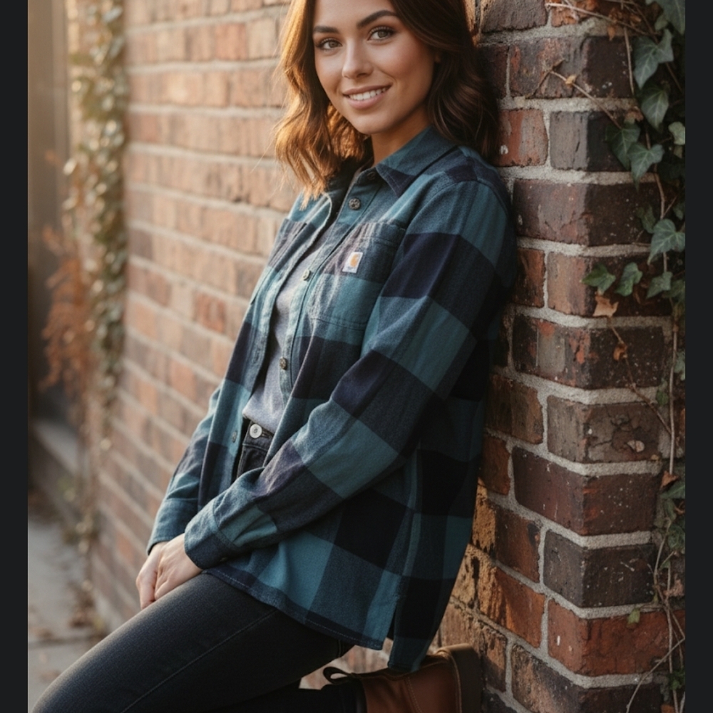 Carhartt Rugged Flex Women's Green and Black Plaid Blouse